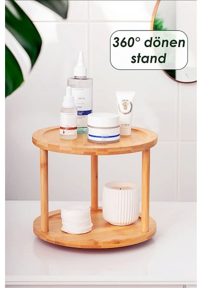 Bambu 2 Katlı Dönen Baharatlık Standı Organizer Düzenleyici / Doğal / Bambu Kahverengi