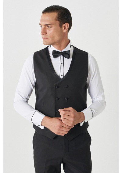 Ac&Co / Altınyıldız Classics Slim Fit Dar Kesim Mono Yaka Desenli Yelekli Smokin Takım Siyah