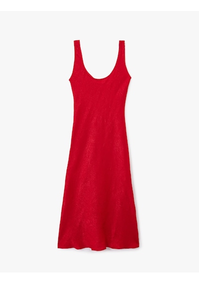 Koton Slim Fit Kolsuz U Yaka Kalın Askılı Uzun Saten Elbise Kırmızı 6wak80025uw Kırmızı