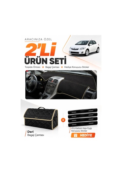 E-biz Toyota Aurıs E150 2006-2012 Uyumlu Torpido Örtüsü + Deri Bagaj Çantası - Siyah-bej - To005