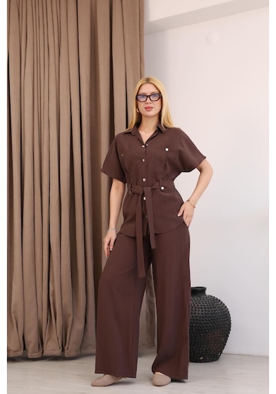 Famoda Taba Kısa Kollu Beli Bağlamalı Tunik Pantolon Takımı