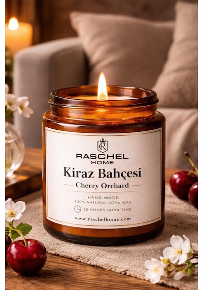 Raschel Home %100 Doğal Dekoratif Premium Extra Yoğun Esans Kokulu 210 Cc Kavanoz Mum 35 Saat Yanma Kiraz Bahçesi