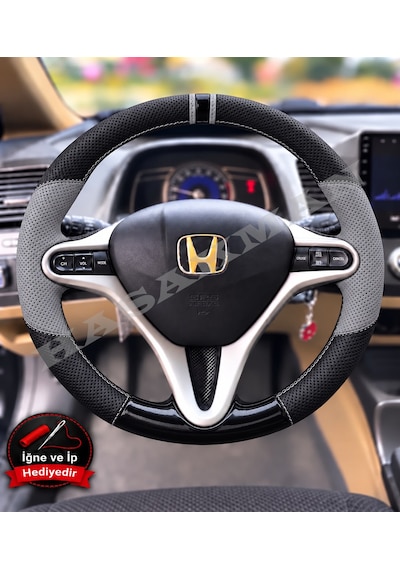 Honda Cr-v Mk3 Dikme Direksiyon Kılıfı Delikli Deri Parlak Siyah Gri Detay Çift Yüzük Ve Dikiş 2007-2012