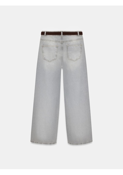 Dilvin 72288 %100 Pamuk Kemerli Wide Leg Jean-gri Gri