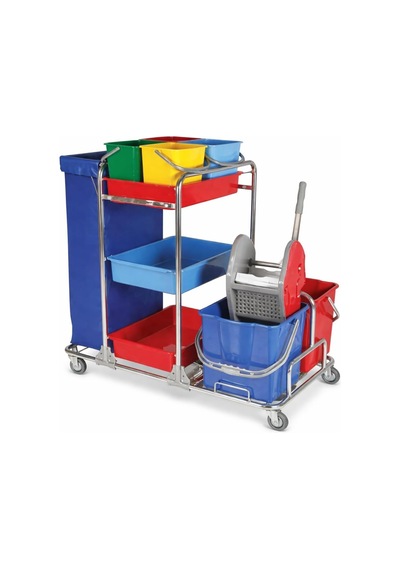 Krom Kat Hizmet Ve Temizlik Arabası 2x20 Lt Kovalı, 4x6 Lt Ayrışım Kovası, Pvc Çamaşır Torbalı, Frenli Tek