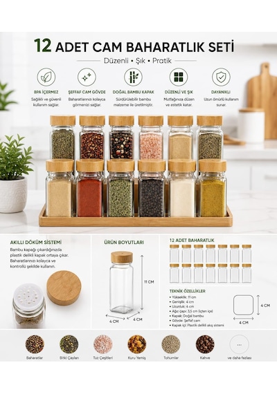 Bambu Kapaklı Cam Baharatlık Seti 12 Adet, Şeffaf Kare Baharat Kavanozu, Plastik Delikli İç Kapaklı Kontrollü Döküm Sistemi, 11x4x4 Cm Mutfak Düzenleyici Baharat Saklama Kabı Seti Çok Renkli