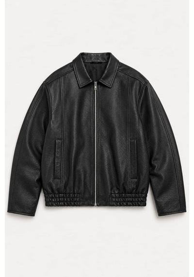 Ohepmoda Oversize Rahat Kalıp Lastikli Erkek Deri Ceket Siyah
