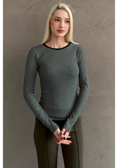 Yeşil Çizgili Uzun Kollu Kadın Body Mg2657 Yeşil