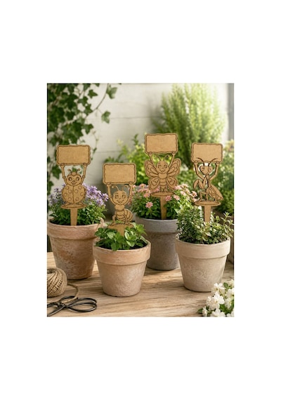 Arliadesign Kendin Boya Ahşap Bitki Etiketi 4 Lü 10x30 Cm Eğlenceli Böcek Figürlü Bahçe Ve Saksı Süsü, Ham Mdf