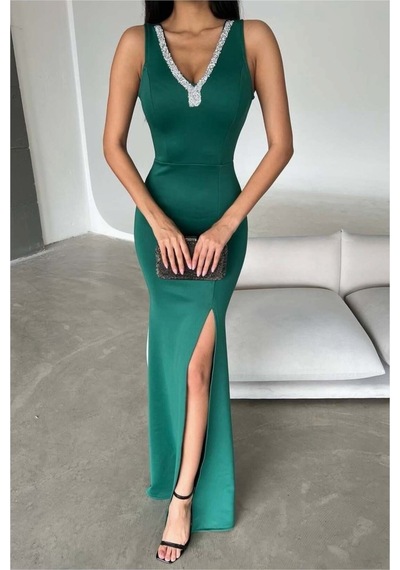 Lior Design Kadın Vintage V Yaka Yırtmaçlı Maxi Abiye Elbise Zümrüt