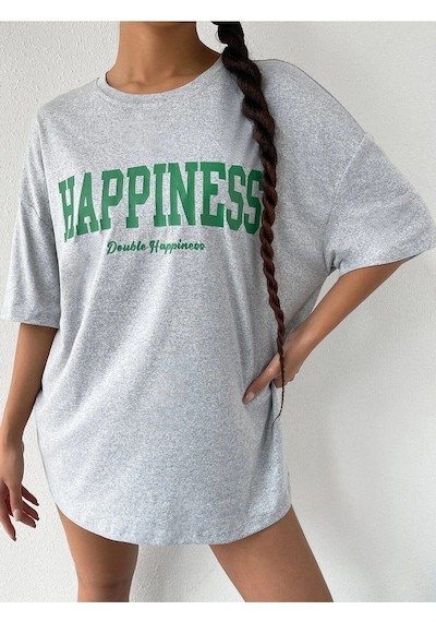Flood Of Style Kadın Gri Happıness Baskılı Oversize Tshirt