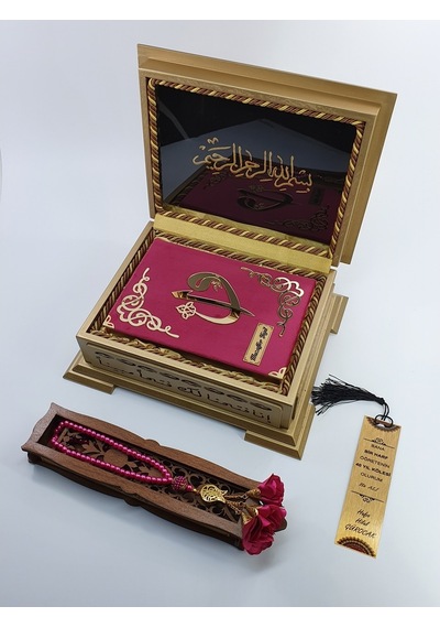 Kişiye Özel Hediye Kuranı Kerim Ahşap Kutulu Fuşya Pembe-Sarı Kutu-