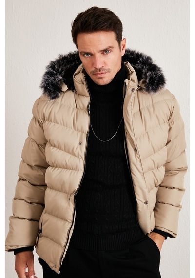 Buratti Slim Fit Suni Kürklü Peluş Astarlı Çıkarılabilir Kapüşonlu Şişme Erkek Mont 5761080 B Taş