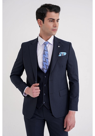 Efor Slim Fit Mono Yaka Çift Yırtmaç Armürlü Esnek Yünlü Lacivert Yelekli Klasik Takım Elbise Tk 933 Lacivert
