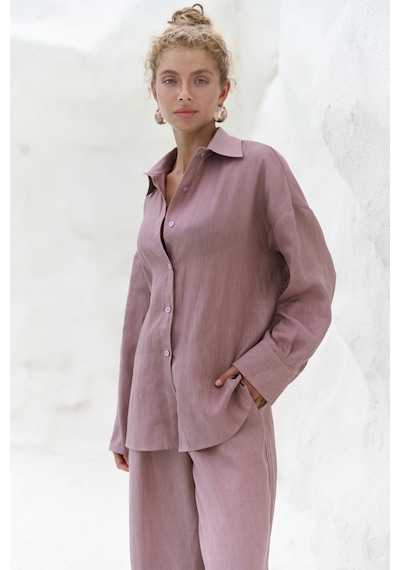 Mai Collection Mai Studios Co. Jelsomina Oversize Açık Bordo Keten Gömlek Pantolon Takım Acık Bordo