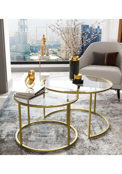Dekoport Milas Mat Gold Orta Sehpa - Temperli Şeffaf Cam Gold