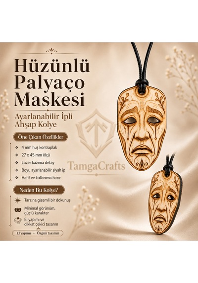 Hüzünlü Palyaço Maskesi Ahşap Kolye - Lazer Kazıma Ayarlanabilir İpli Unisex 01 - Krem