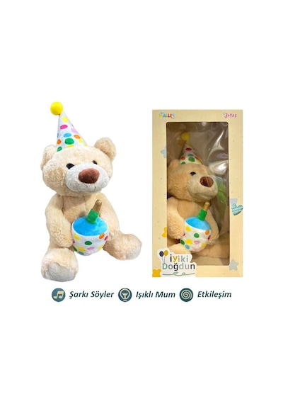 Peluş Doğum Günü Ayısı Sesli Işıklı Kutulu 40 Cm Krem
