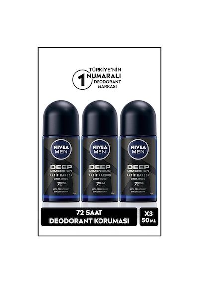 Nivea Men Deep Dimension Aktif Karbon 72 Saat Erkek Roll-On Deodorant 3 x 50 ML