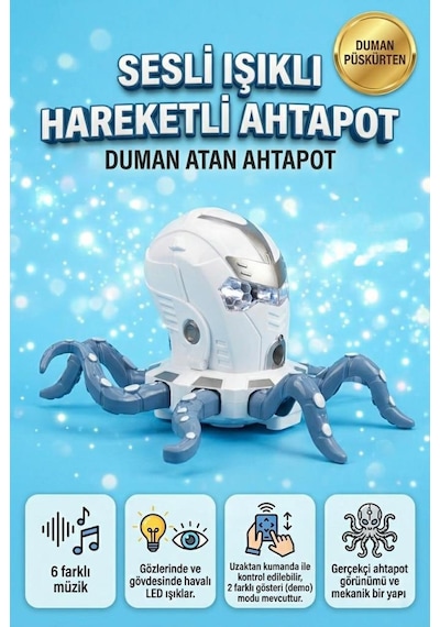 Uzaktan Kumandalı 8 Fonksiyonlu 2.4ghz Şarjlı Işıklı Sesli Duman Atan Oyuncak Robot Ahtapot
