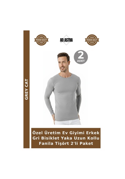 Grey Cat Özel Üretim Ev Giyimi Erkek Gri Bisiklet Yaka Uzun Kollu Fanila Tişört 2'li Paket Gri 2