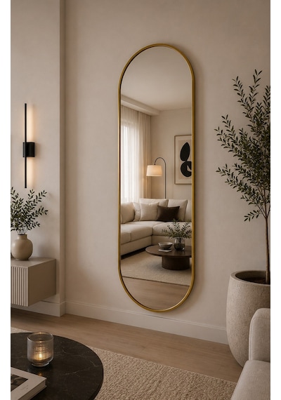 Effe Gold Metal Çerçeveli 180x60 Cm Elips Model Ayaklı Boy Aynası