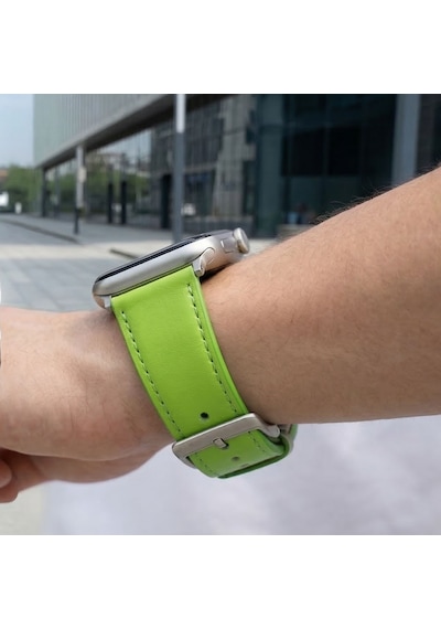 Goldoni Apple Watch Uyumlu Yeşil İnce Gerçek Deri Kordonu Metal Köprülü