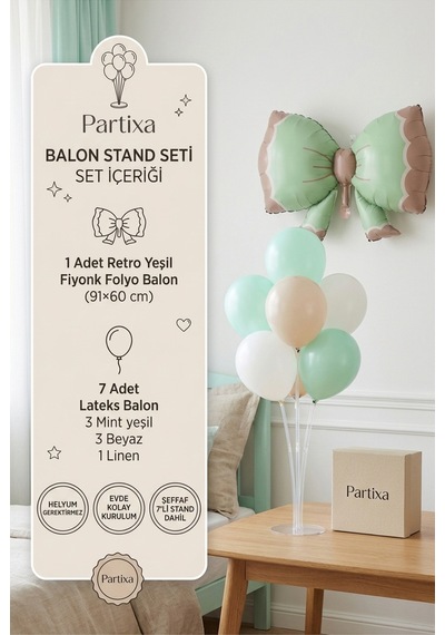 Retro Yeşil Fiyonk Balon Stand Seti Şeffaf 7 Li Stand + Retro Yeşil Fiyonk Folyo Balon 91 60 Cm + 7 Lateks Balon