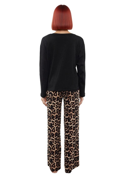 Ersefa Kadın Uzun Kollu Bisiklet Yaka Leopar Desenli Pijama Takımı Fonks Siyah