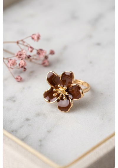 Gold Ayarlanabilir Kahverengi Sakura Çiçeği Yüzük Çok Renkli