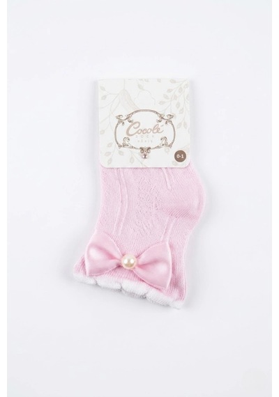 Cocole Socks Kız Çocuk Aksesuarlı Soket Çorabı Tekli Pamuklu Fiyonklu Pembe Desenli