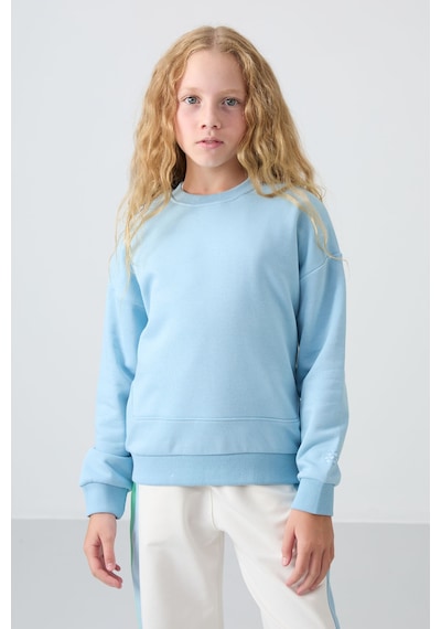 Tommy Life Açık Mavi Pamuklu İçi Tüylü Yumuşak Dokulu Oversize Nakışlı Kız Çocuk Sweatshirt - 75150 Açık Mavi