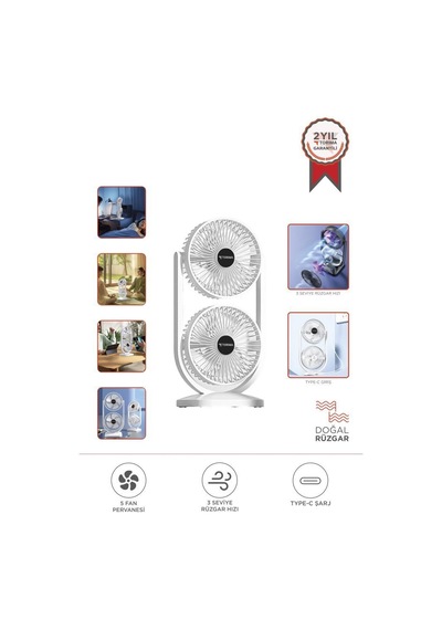 Torima F-22 Beyaz Mini Fan Taşınabilir Çift Başlıklı Sessiz Vantilatör Type-c Girişli, 3 Kademeli Hız Ayarı
