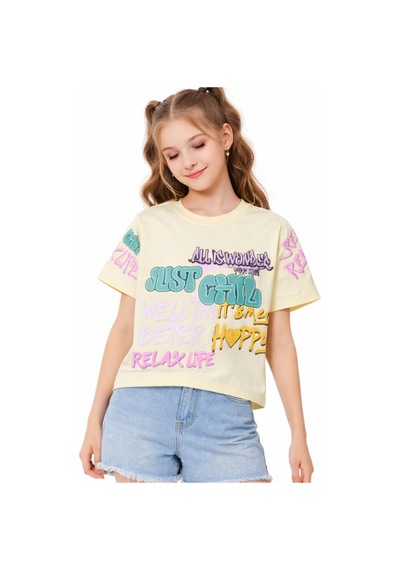 İrem Çocuk Giyim Kız Çocuk Just Chill Yazı Desenli Kısa Model Crop Sarı Renk Tişört Sarı