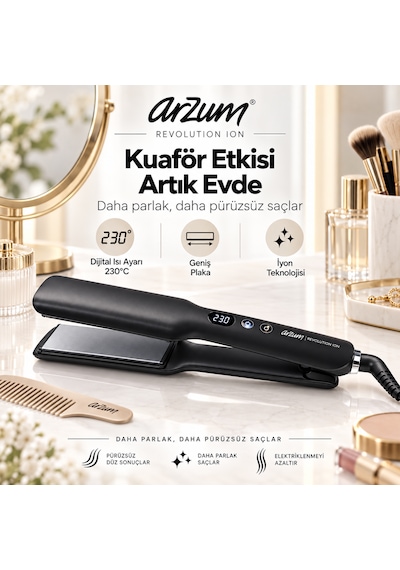 Arzum Ar5180 Ion Geniş Plakalı İyonlu Saç Düzleştirici 230 C Dijital Isı Ayarlı