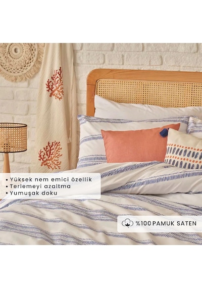 %100 Pamuk Saten Marine King Size Nevresim Seti Mavi 240x220 Cm Beyaz - Mavi