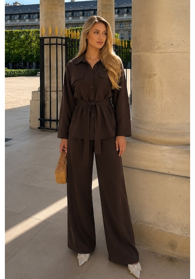 Seeh Kahverengi Uzun Kollu Oversize Kadın Takım Sh338 Standart