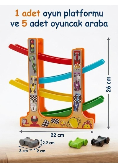 3 Katlı Araba Kaydırak Platformu Ve 5 Adet Yarış Arabalı Oyuncak Seti Çok Renkli