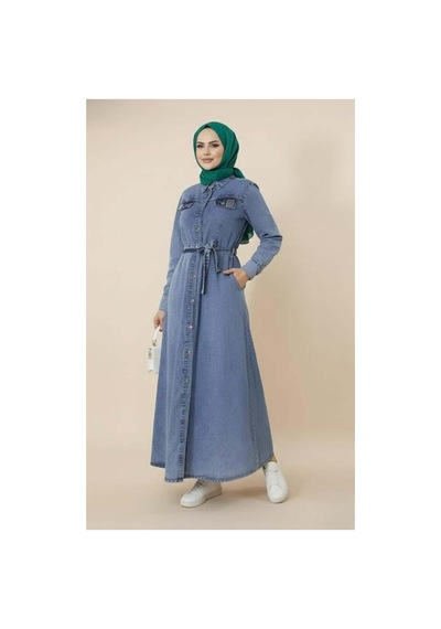 Hb Harma Time Butik Kadın Boncuk İşlemeli Düğmeli Kuşaklı Kot Mavi Elbise Mavi Mavi