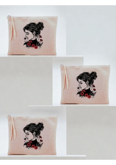 Çiçekli Kadın Baskılı 3'lü Makyaj Çantası 20x25 Cm - Kadın Doğum Günü Hediyesi Kadın Hediye Ürün