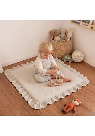 Keten Oyun Halısı, Kare Oyun Matı, Fırfırlı Oyun Minderi - Krem