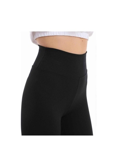 Kadın Modası Kadın Siyah Fitilli Yüksek Bel Dikişsiz Örme Fitilli Tayt (Içlik)Siyah Xl/L Siyah
