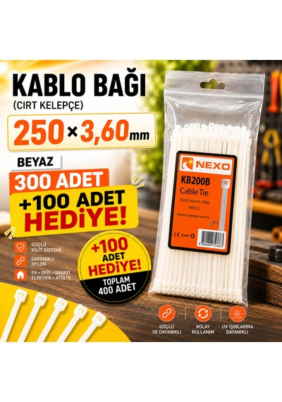 250x3,60mm Kablo Bağı Cırt Kelepçe Beyaz 300 Adet +100 Adet Hediye