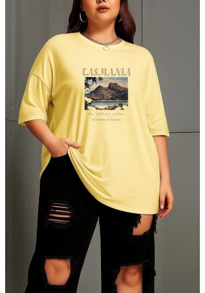 Büyük Beden Tasmania Baskılı Unisex Tişört Sarı