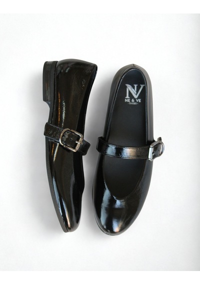 Ne&ve Shoes Siyah Kırışık Rugan Hakiki Deri Tek Bantlı Kadın Günlük Babet