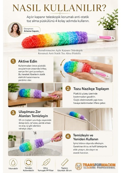 Transformacion Anti-statik Toz Alma Püskülü / Yıkanabilir Gökkuşağı Mikrofiber Toz Alıcı, Araba, Ev, Ofis İç Genel