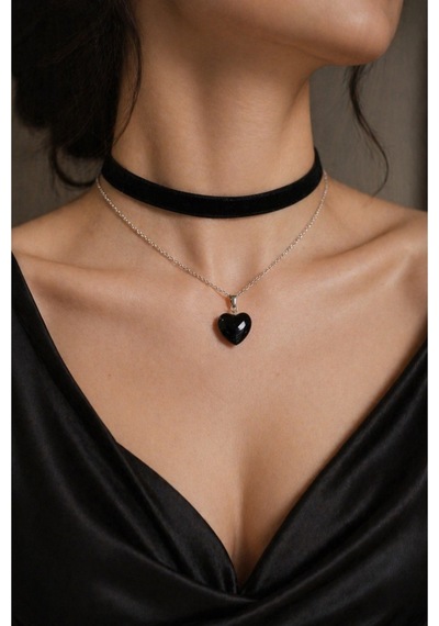 Oniks Taşı Doğal Taş Kalp Figürlü Kolye Ve Siyah Choker Seti Siyah
