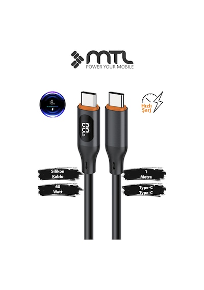 60w Type-c To Type-c Watt Göstergeli Silikon Hızlı Şarj Ve Data Aktarım Kablosu 1 Metre Mt 2214