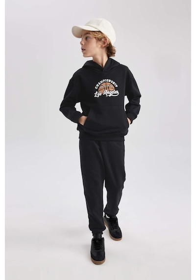 DeFacto Erkek Çocuk Baskılı Kanguru Cepli Kapüşonlu Sweatshirt B7821A8NSBK81 Siyah