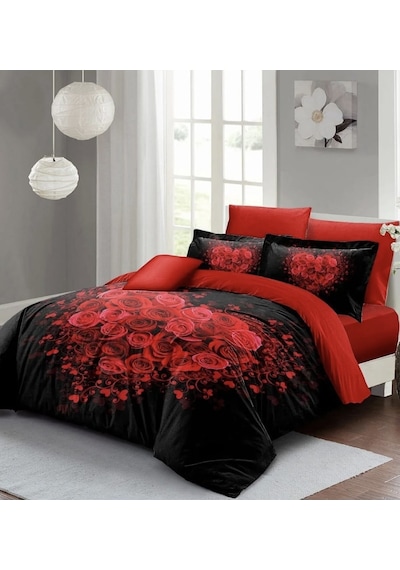 240x260 Cm Çift Kişilik Nevresim Takımı Pamuk Saten Çeyizlik Premium Kalpli Güllü Lüx Marka Kırmızı